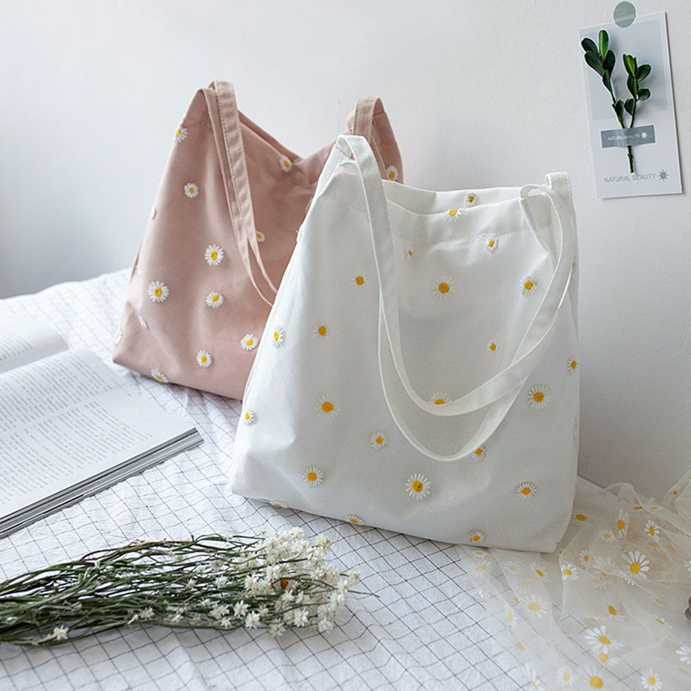 Embroidery Daisy Flower - حقيبة كتف قماشية للنساء ، حقيبة