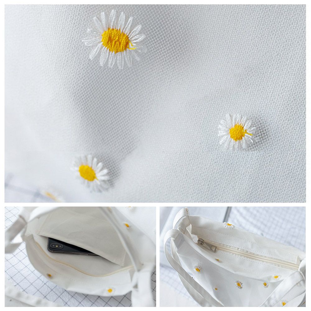 حقيبة كتف قماشية للنساء ، حقيب - مراجعة Embroidery Daisy Flower وسعره